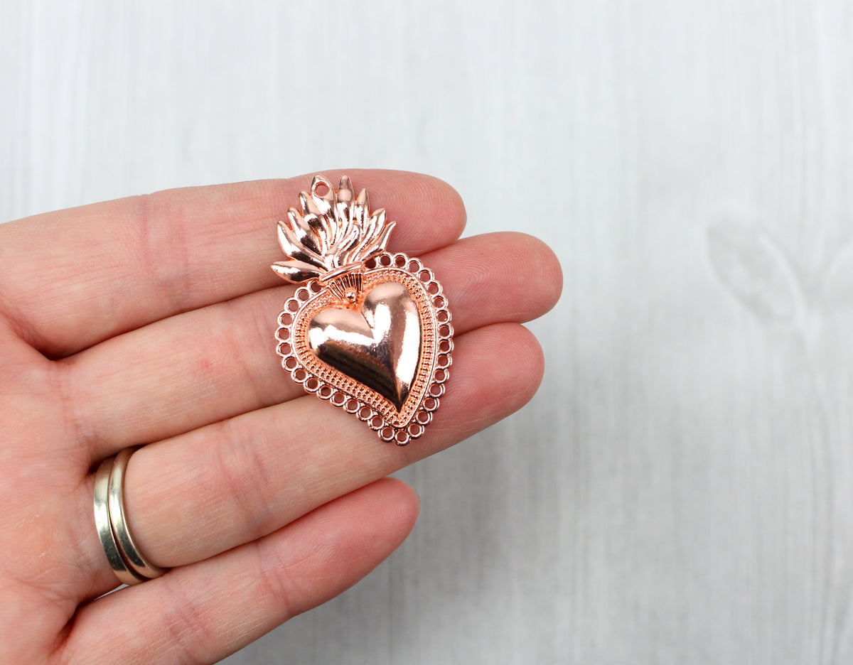 Sacred Heart Mexican Milagro Flaming Holy Heart Pendant - Shiny Rose Gold Color
