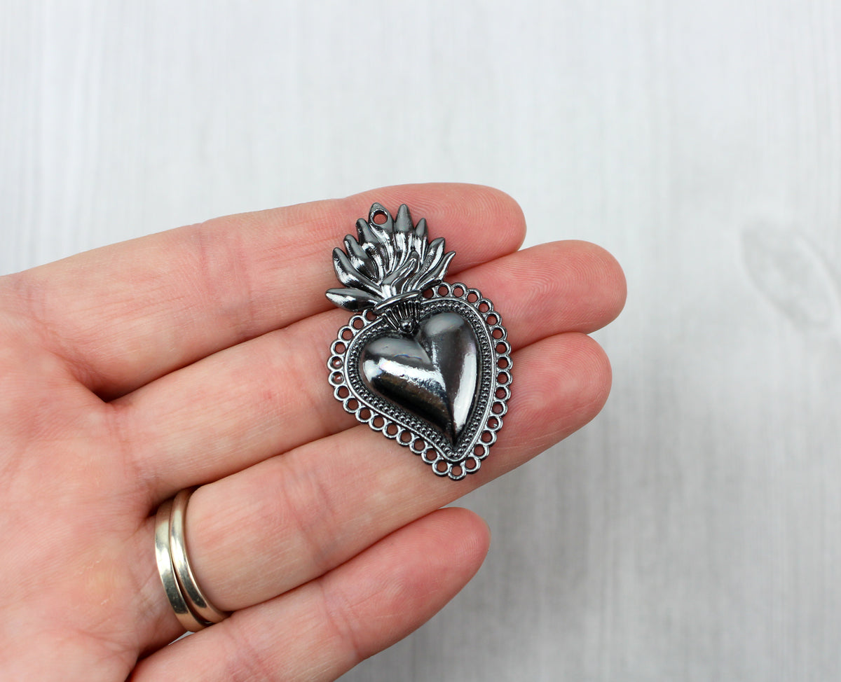 Sacred Heart Mexican Milagro Flaming Holy Heart Pendant - Shiny Black Color