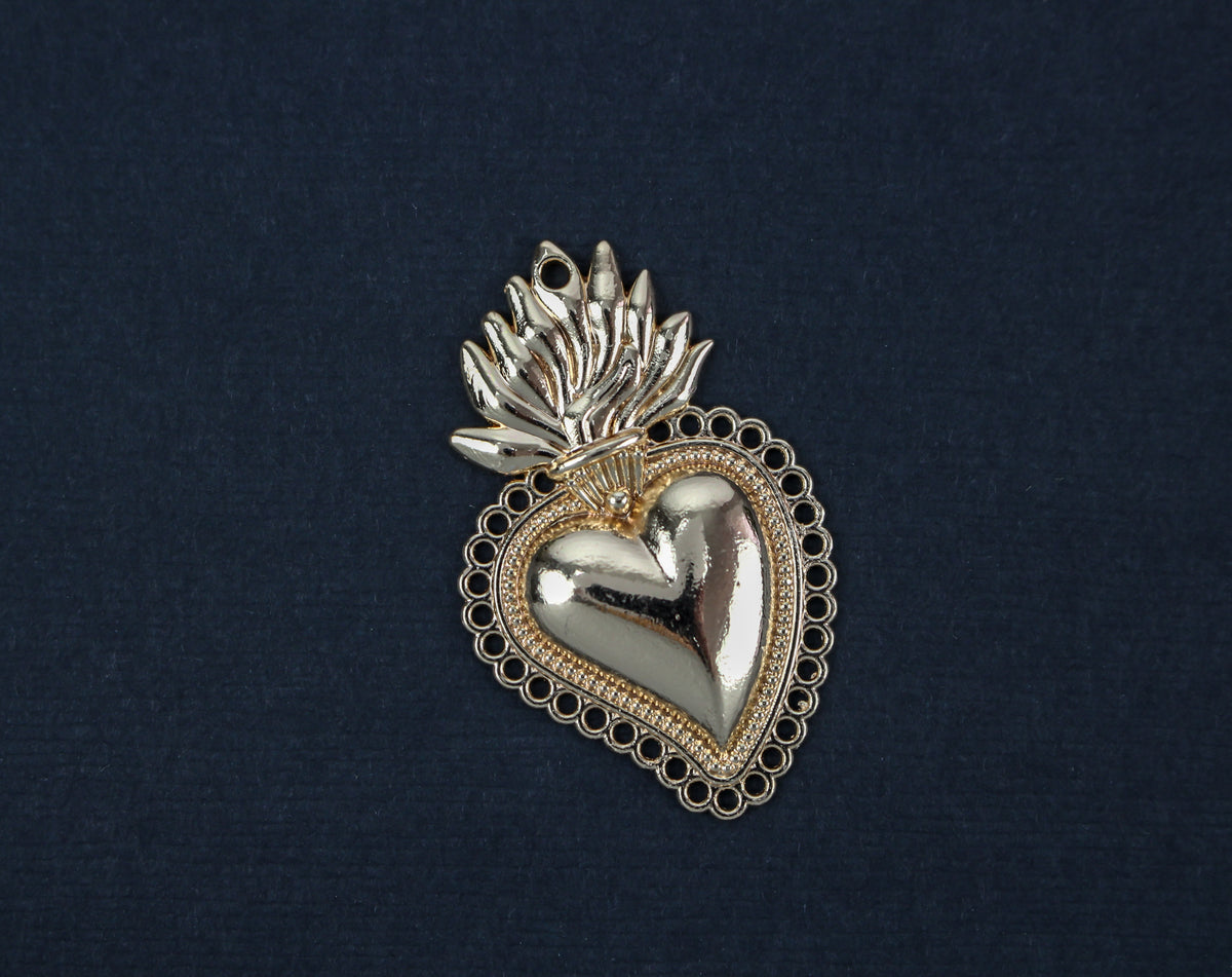 Sacred Heart Mexican Milagro Flaming Holy Heart Pendant - Shiny Light Gold Color