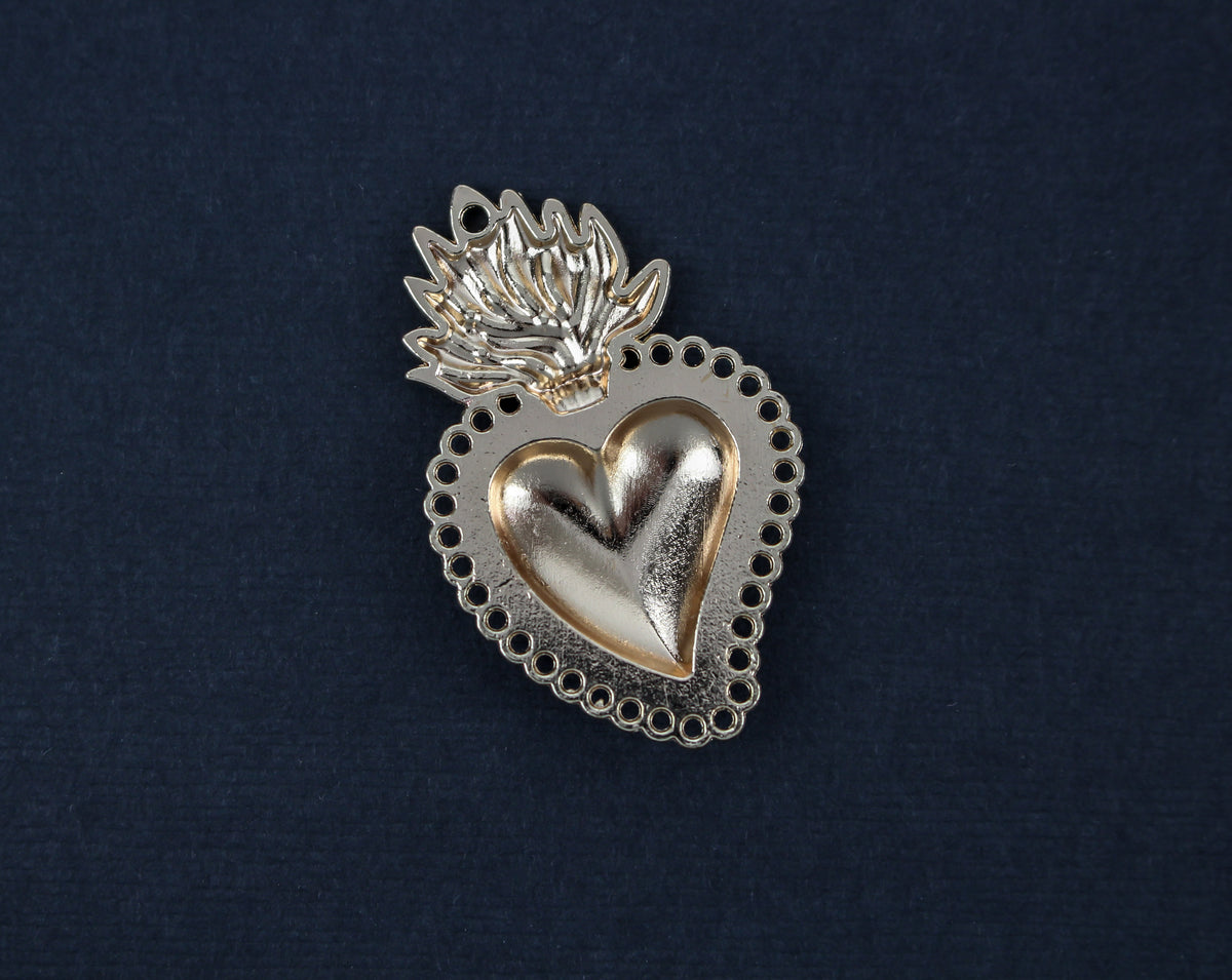 Sacred Heart Mexican Milagro Flaming Holy Heart Pendant - Shiny Light Gold Color