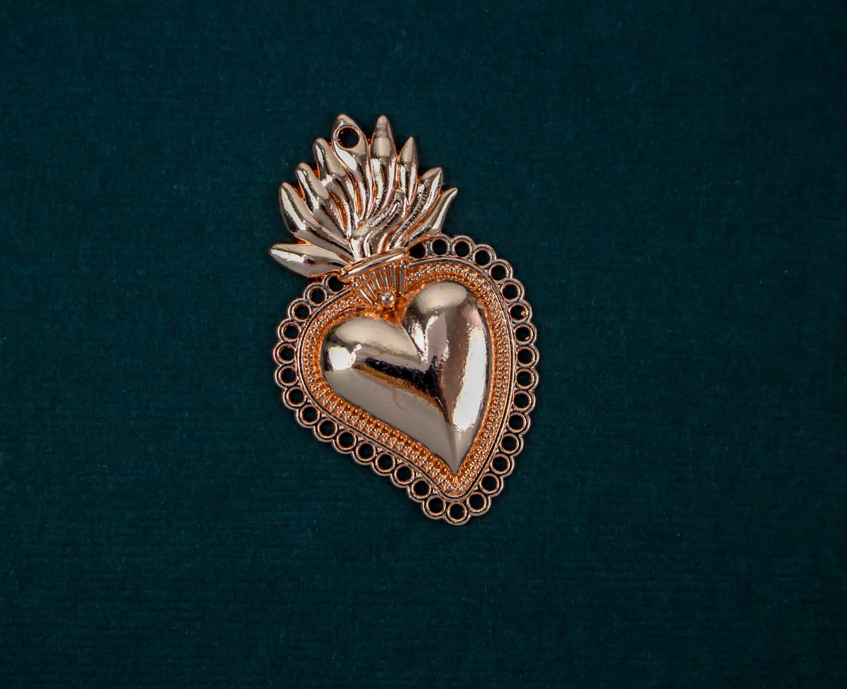 Sacred Heart Mexican Milagro Flaming Holy Heart Pendant - Shiny Rose Gold Color