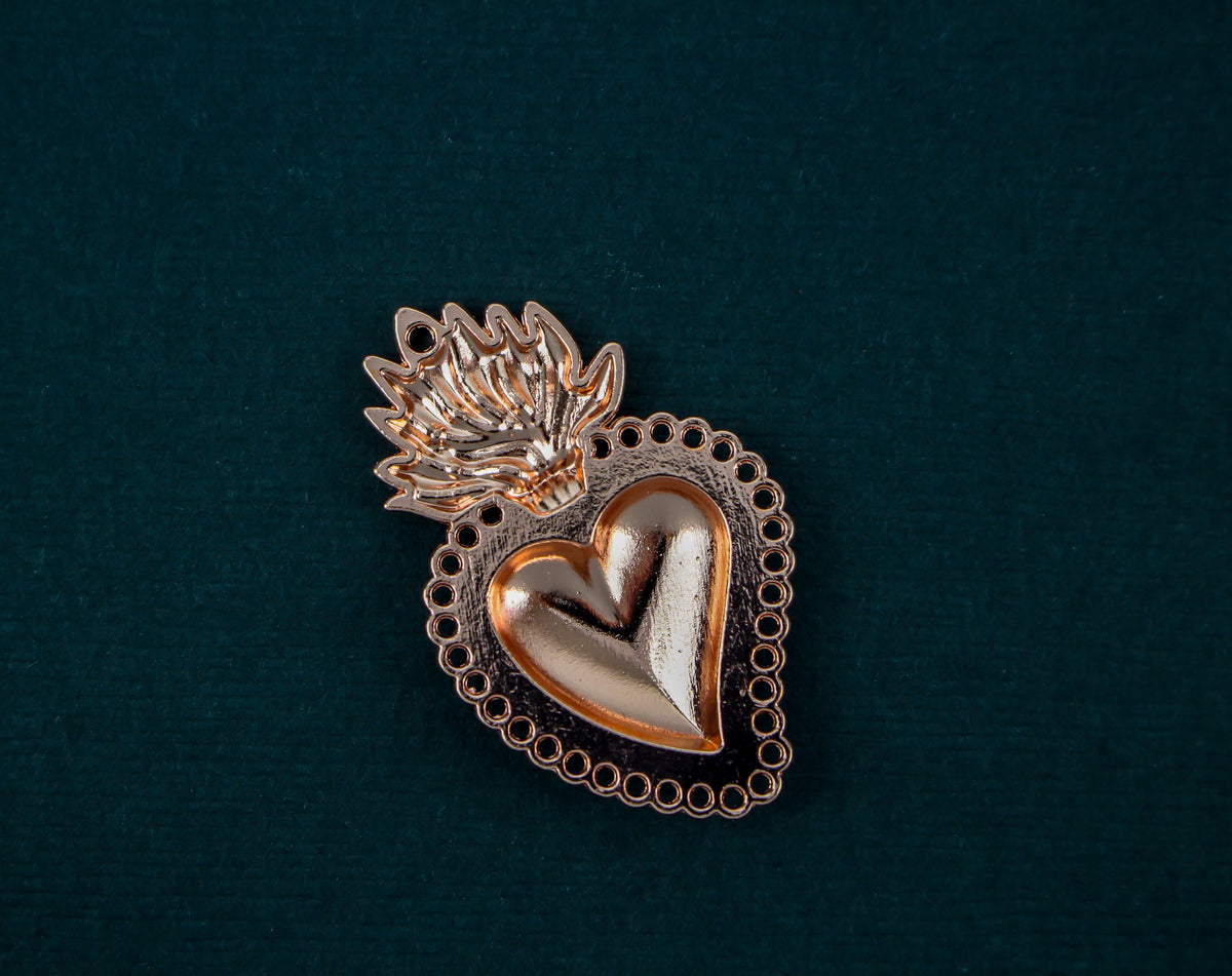 Sacred Heart Mexican Milagro Flaming Holy Heart Pendant - Shiny Rose Gold Color