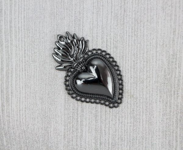 Sacred Heart Mexican Milagro Flaming Holy Heart Pendant - Shiny Black Color
