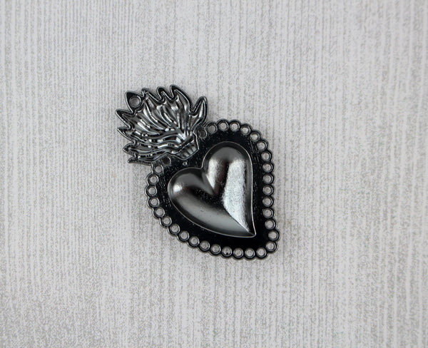 Sacred Heart Mexican Milagro Flaming Holy Heart Pendant - Shiny Black Color