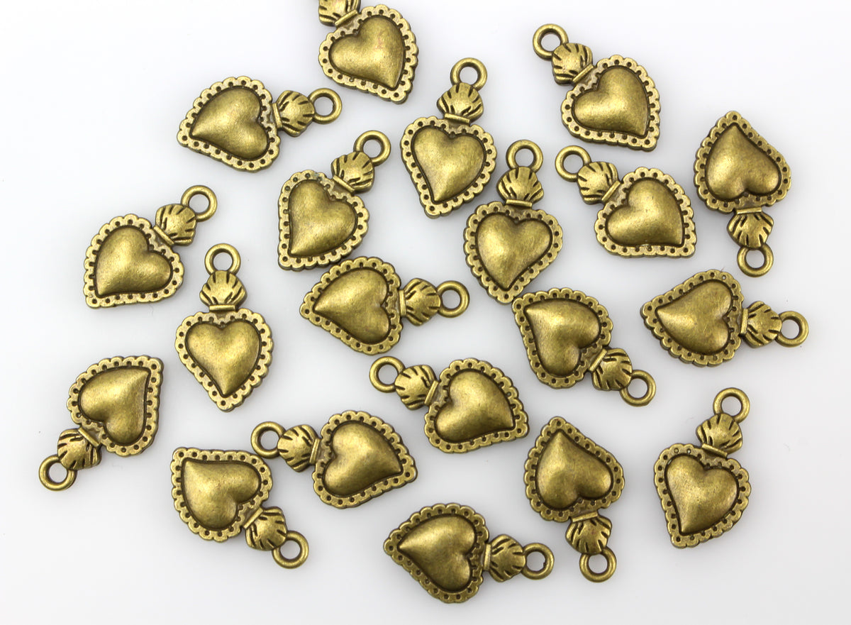 Sacred Heart Charms Bronze Color Milagro Flaming Heart Pendants 25pcs