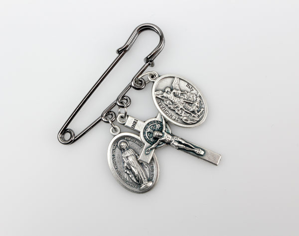 Safety Pin Brooch with Three Loops for Adding Charms or Medals