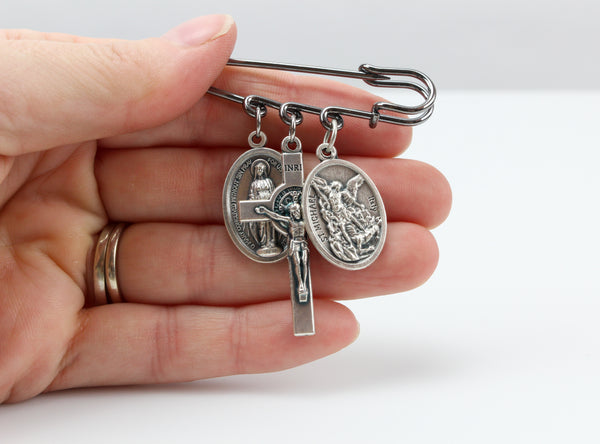 Safety Pin Brooch with Three Loops for Adding Charms or Medals
