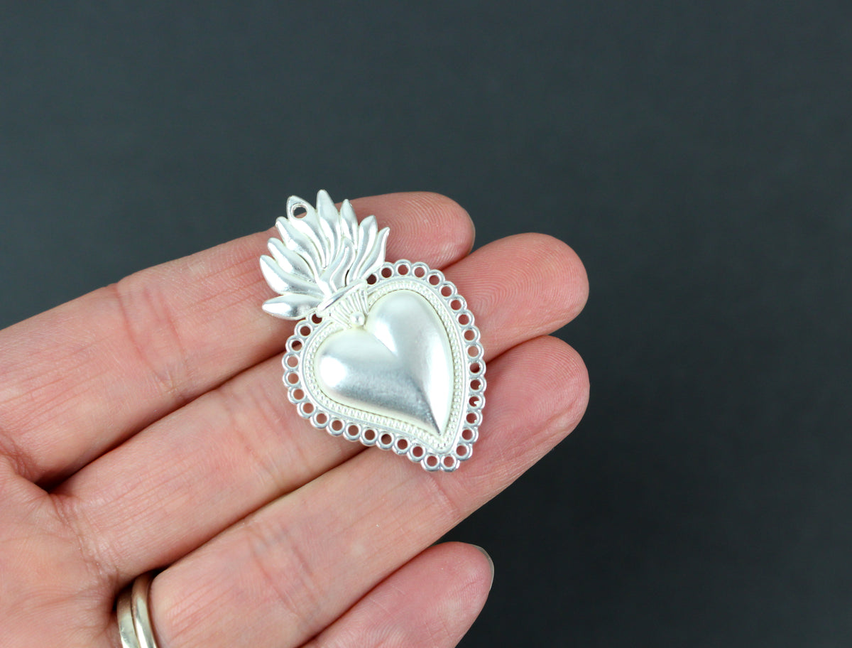 Sacred Heart Mexican Milagro Flaming Holy Heart Pendant - Flat Silver Color