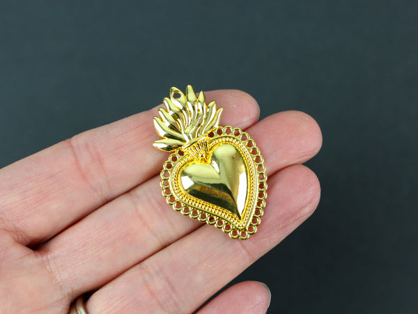 Sacred Heart Mexican Milagro Flaming Holy Heart Pendant - Shiny Gold Color