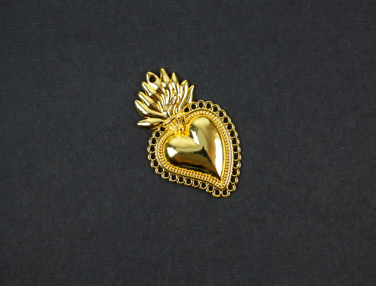 Sacred Heart Mexican Milagro Flaming Holy Heart Pendant - Shiny Gold Color