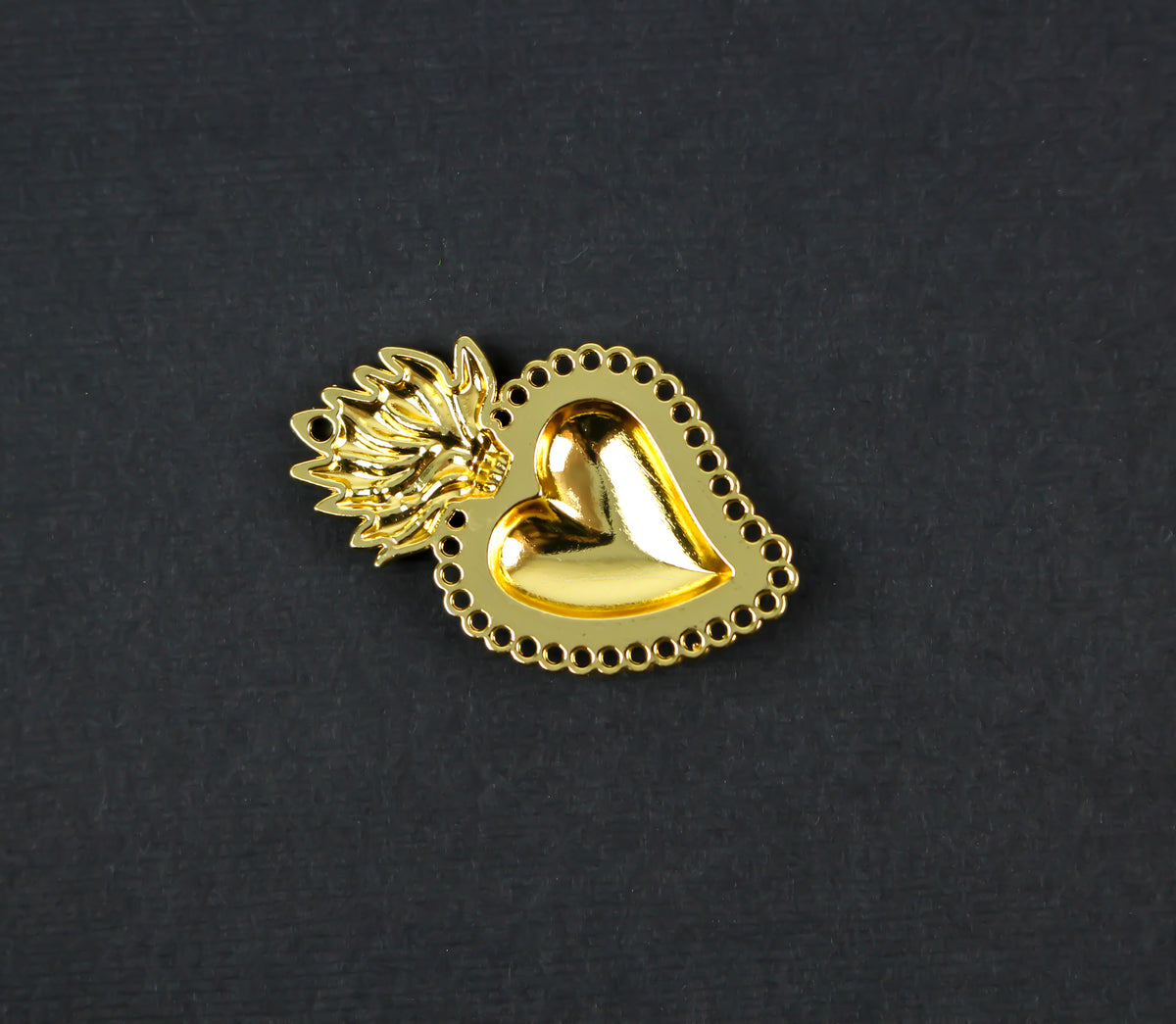 Sacred Heart Mexican Milagro Flaming Holy Heart Pendant - Shiny Gold Color