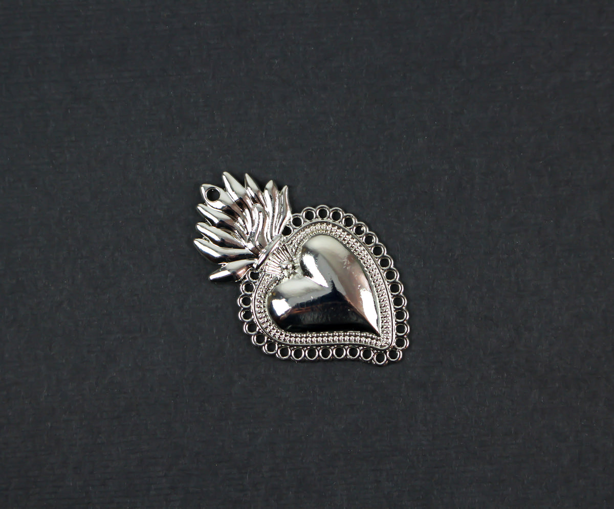 Sacred Heart Mexican Milagro Flaming Holy Heart Pendant - Shiny Silver Color