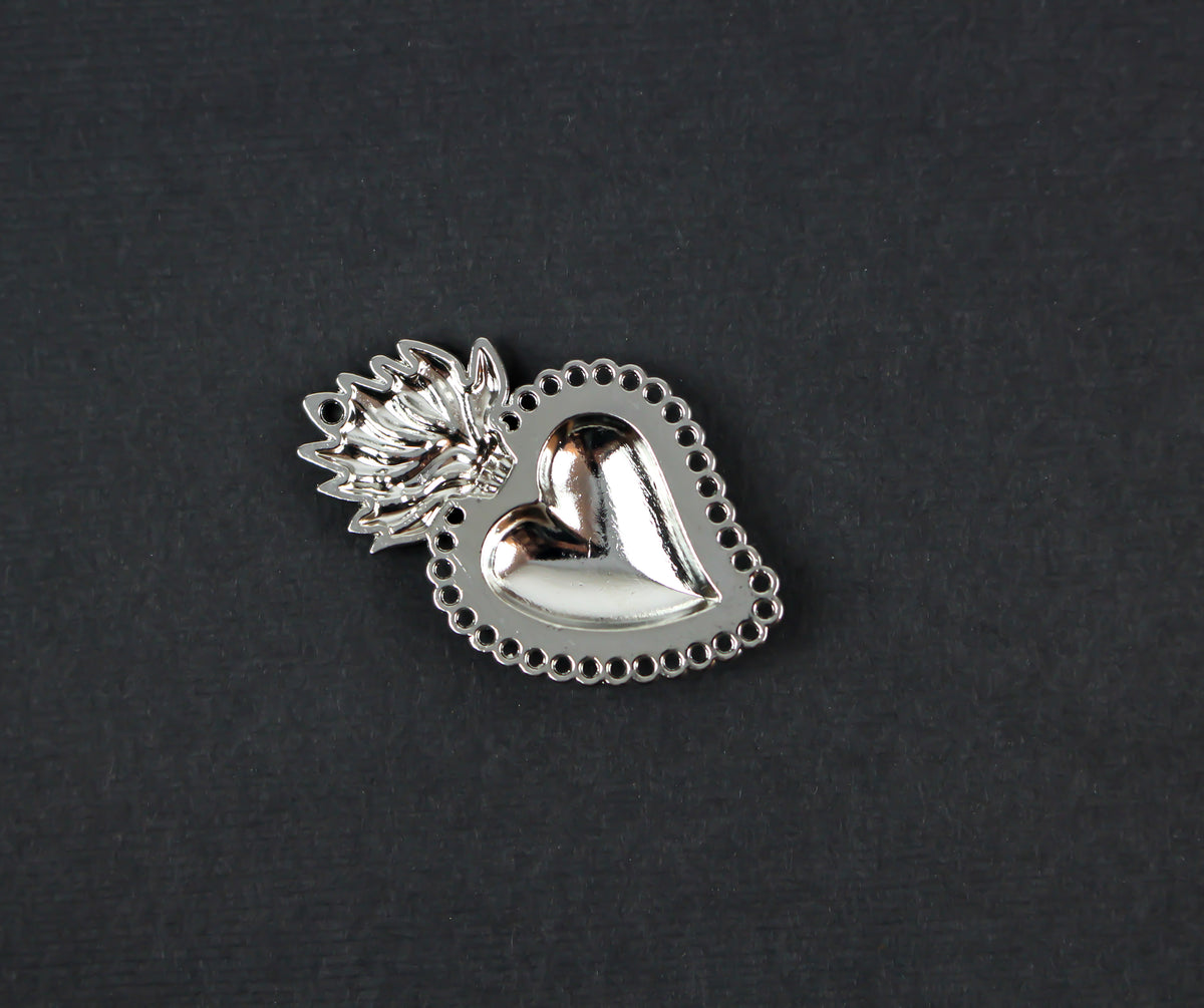 Sacred Heart Mexican Milagro Flaming Holy Heart Pendant - Shiny Silver Color