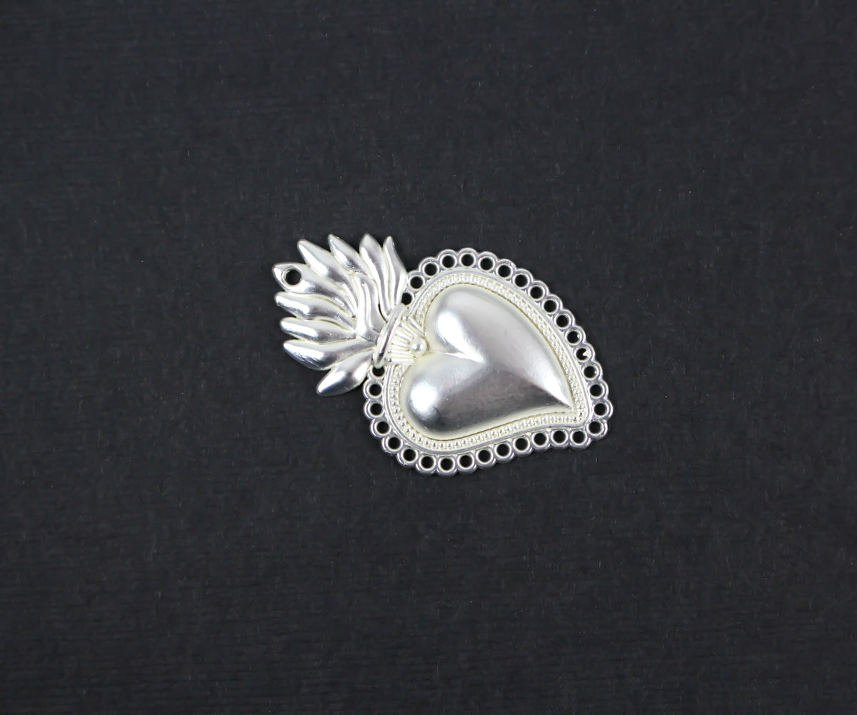 Sacred Heart Mexican Milagro Flaming Holy Heart Pendant - Flat Silver Color