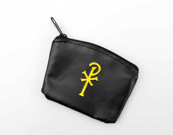 Chi Rho Black Vinyl Rosary Pouch Coin Purse with Zipper Closure