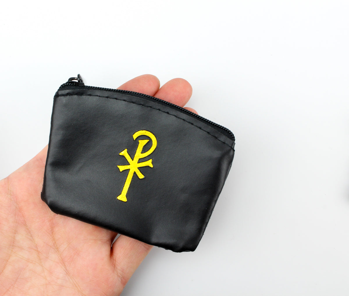 Chi Rho Black Vinyl Rosary Pouch Coin Purse with Zipper Closure