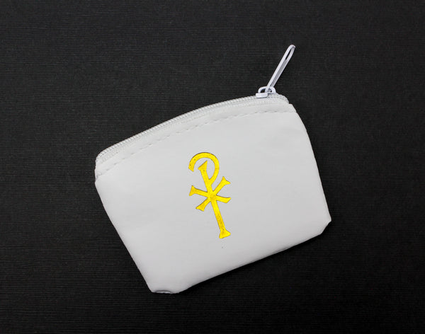 Chi Rho White Vinyl Rosary Pouch Coin Purse with Zipper Closure