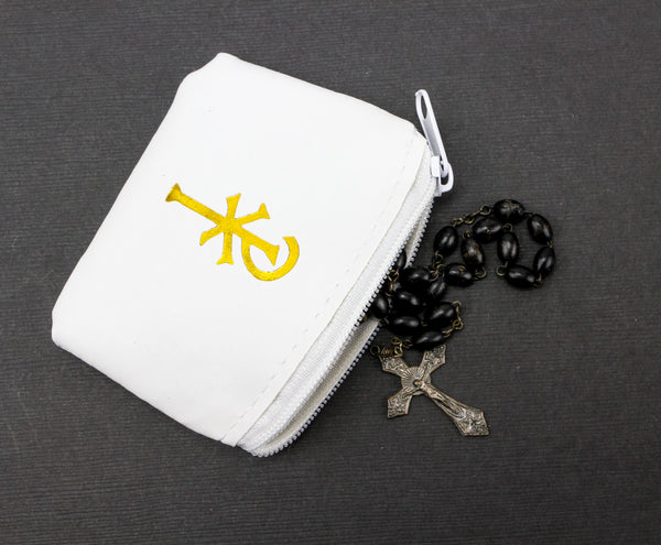 Chi Rho White Vinyl Rosary Pouch Coin Purse with Zipper Closure
