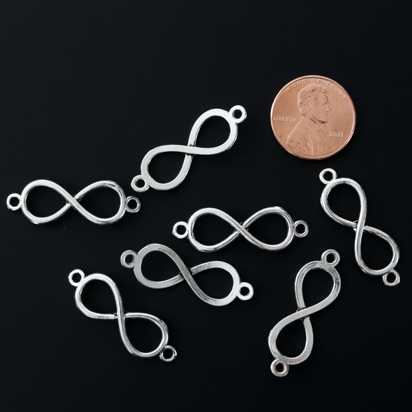 Silver-tone infinity symbol connector links with loops on the ends, 30mm long