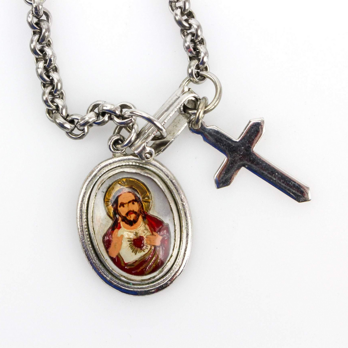 Vintage Intaglio Bubble Glass Reverse Painted Pendant of the Sacred Heart of Jesus