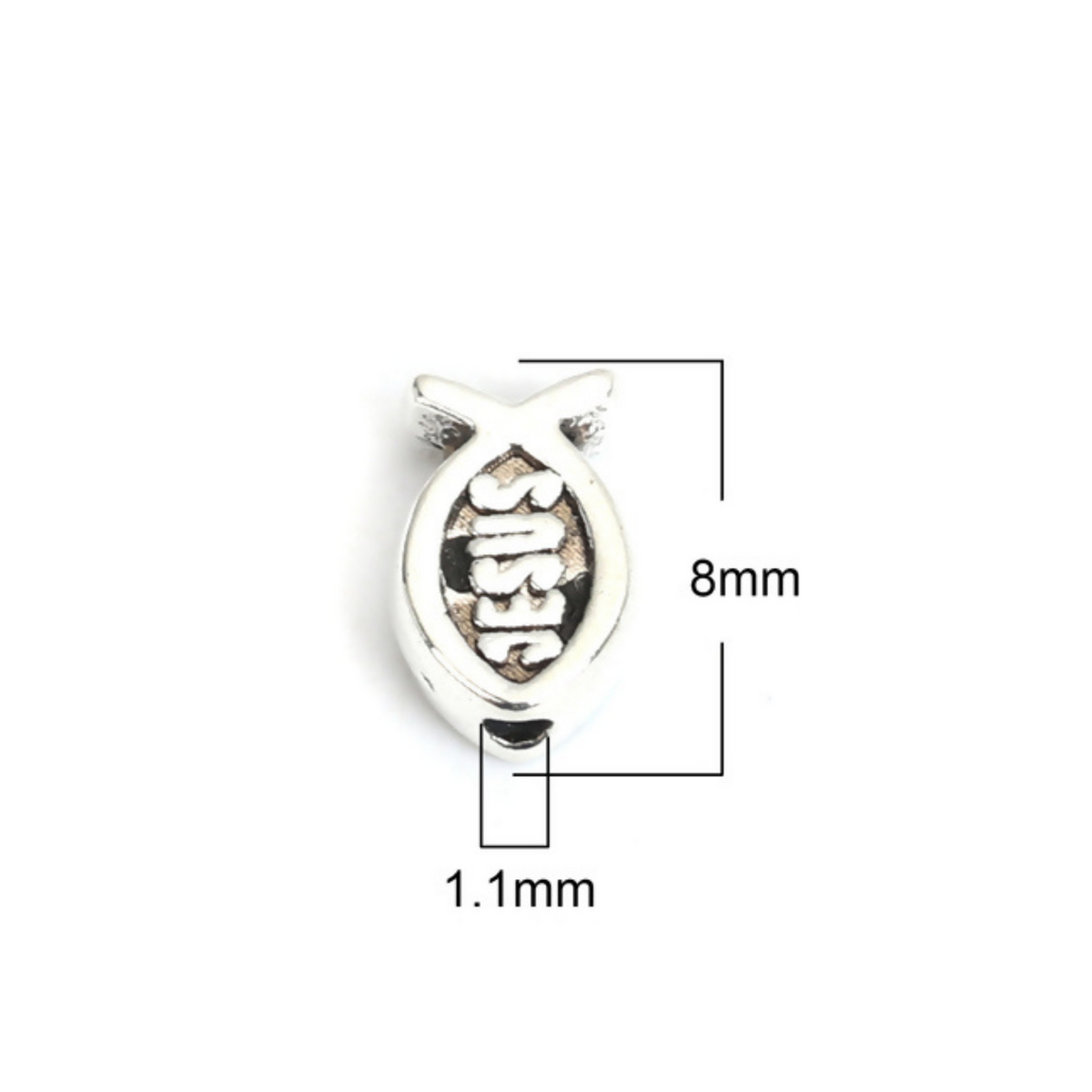 Tiny silver fish shaped beads with Jesus written on both sides, 8mmx5mm