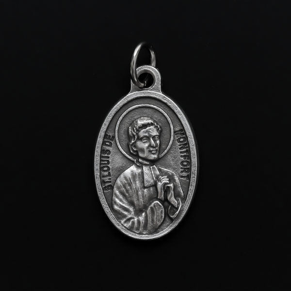 Saint Louis de Montfort medal that depicts the saint on the front and "Pray for us" on the back