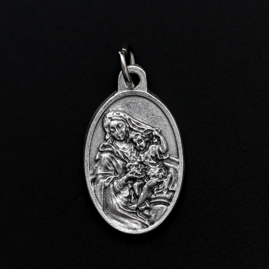 Our Lady of the Grapes medal that depicts Our Lady on the front and the words "Madonna of the Grapes Pray For Us" on the back.