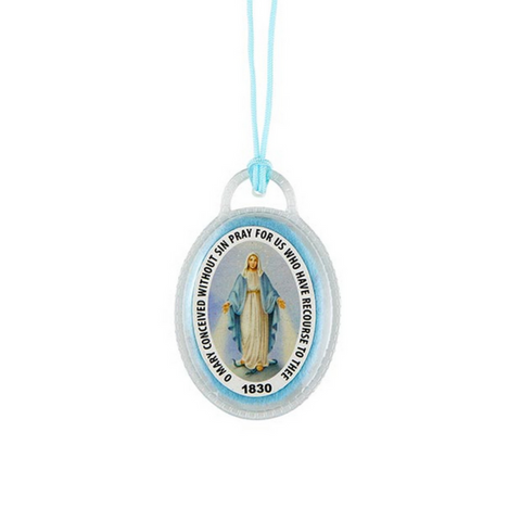 Laminated devotional badge that features an image of Our Lady of Grace on front, Miraculous symbol on back on a light blue felt fabric