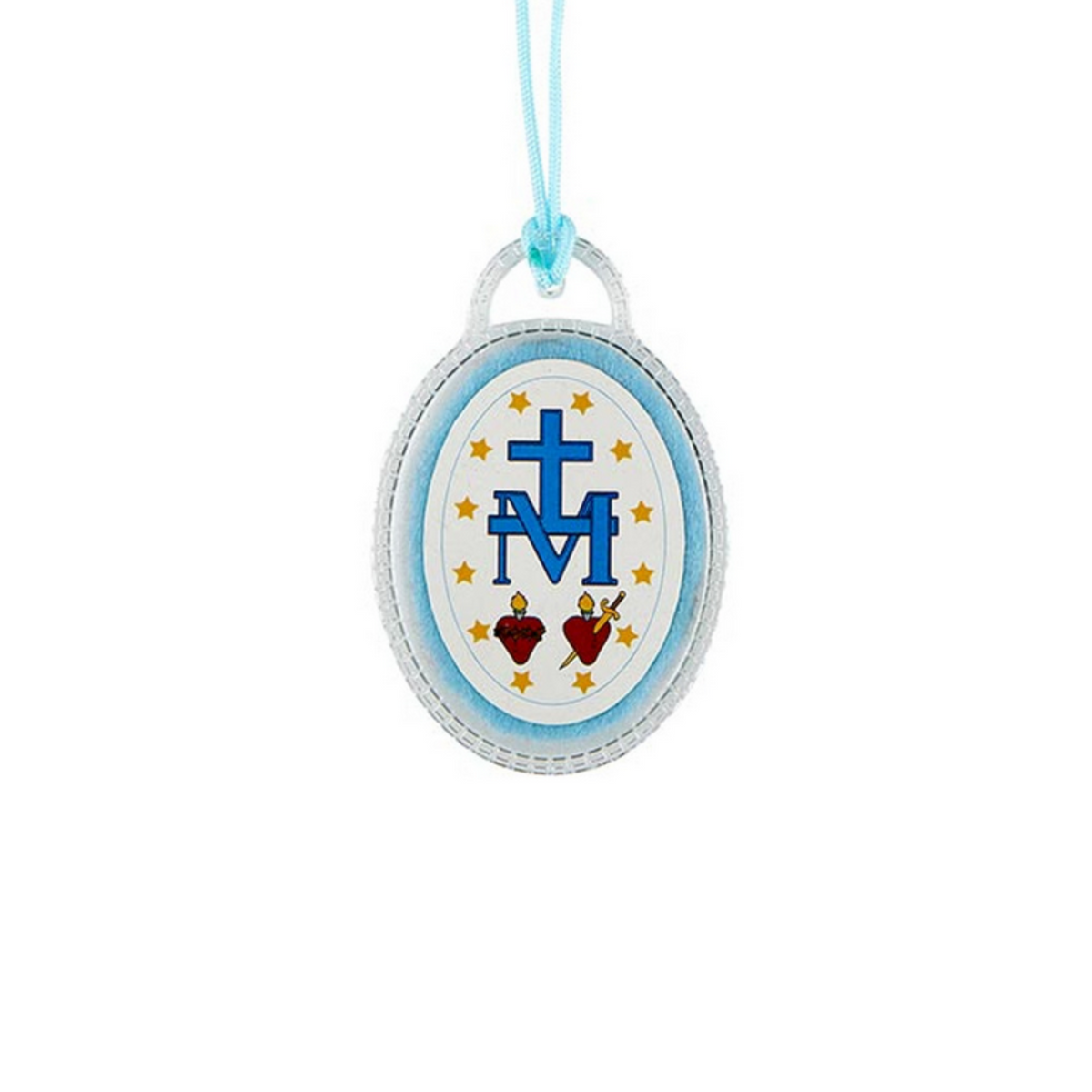 Laminated devotional badge that features an image of Our Lady of Grace on front, Miraculous symbol on back on a light blue felt fabric