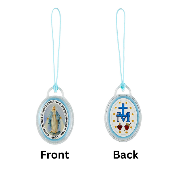 Laminated devotional badge that features an image of Our Lady of Grace on front, Miraculous symbol on back on a light blue felt fabric