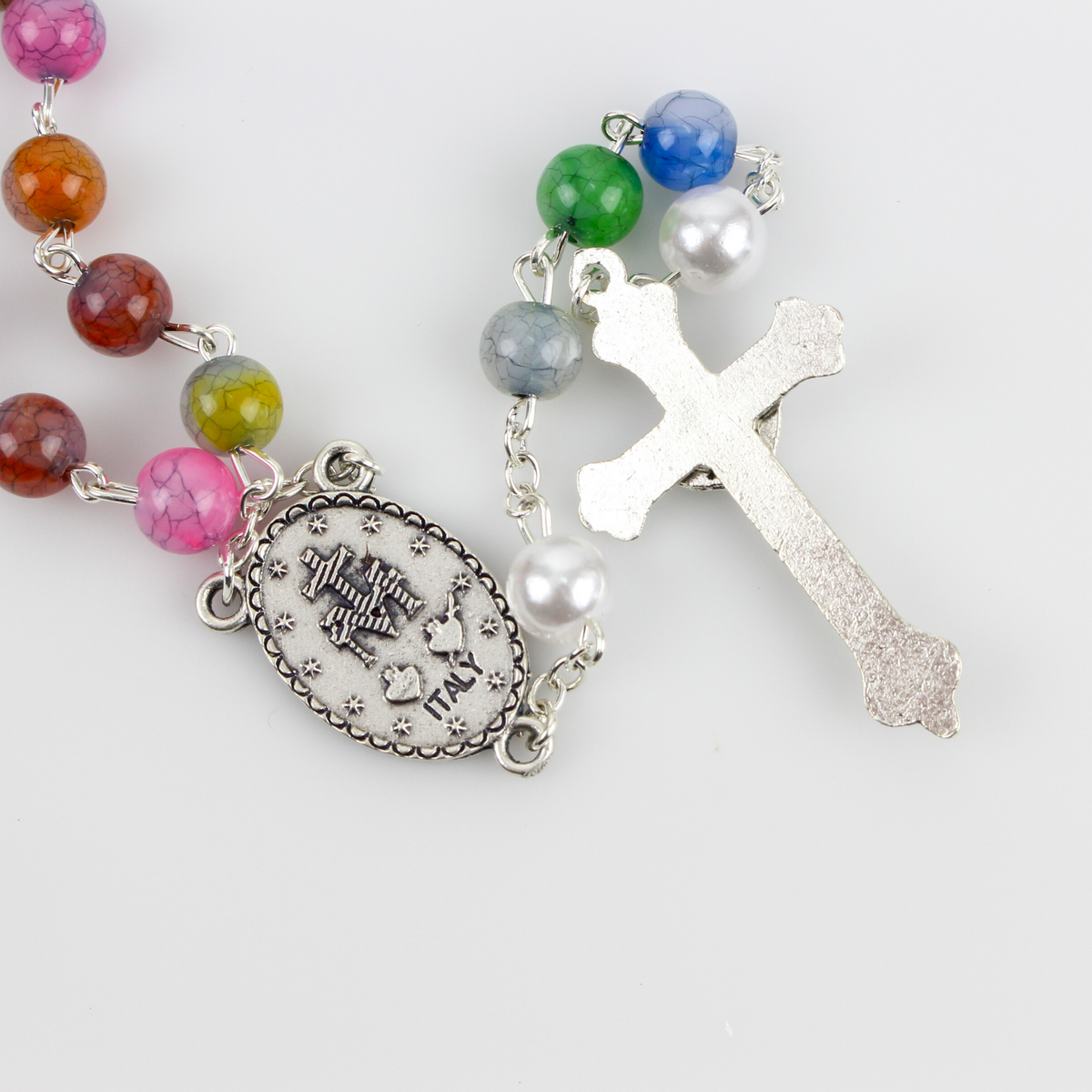 Five Decade Rosary with Multi-color Acrylic Beads and Miraculous Medal Centerpiece 21.5" Long"