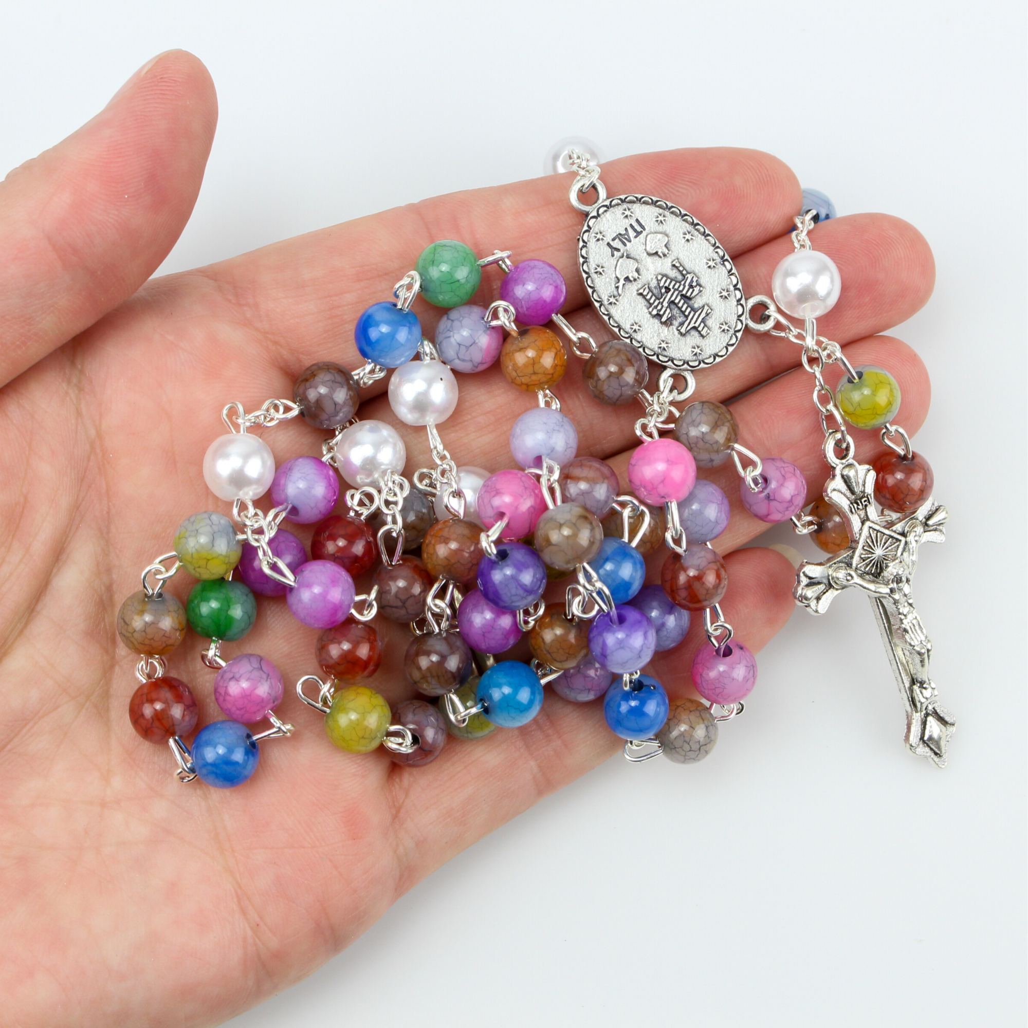 five decade rosary with multi-colored acrylic beads and miraculous medal centerpiece