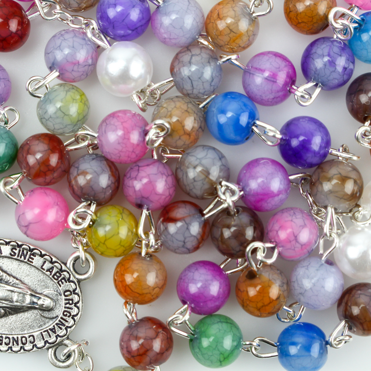 Five Decade Rosary with Multi-color Acrylic Beads and Miraculous Medal Centerpiece 21.5" Long"