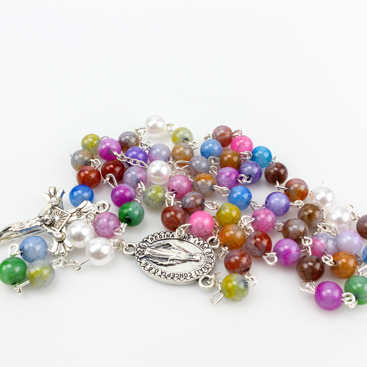 Five Decade Rosary with Multi-color Acrylic Beads and Miraculous Medal Centerpiece 21.5" Long"