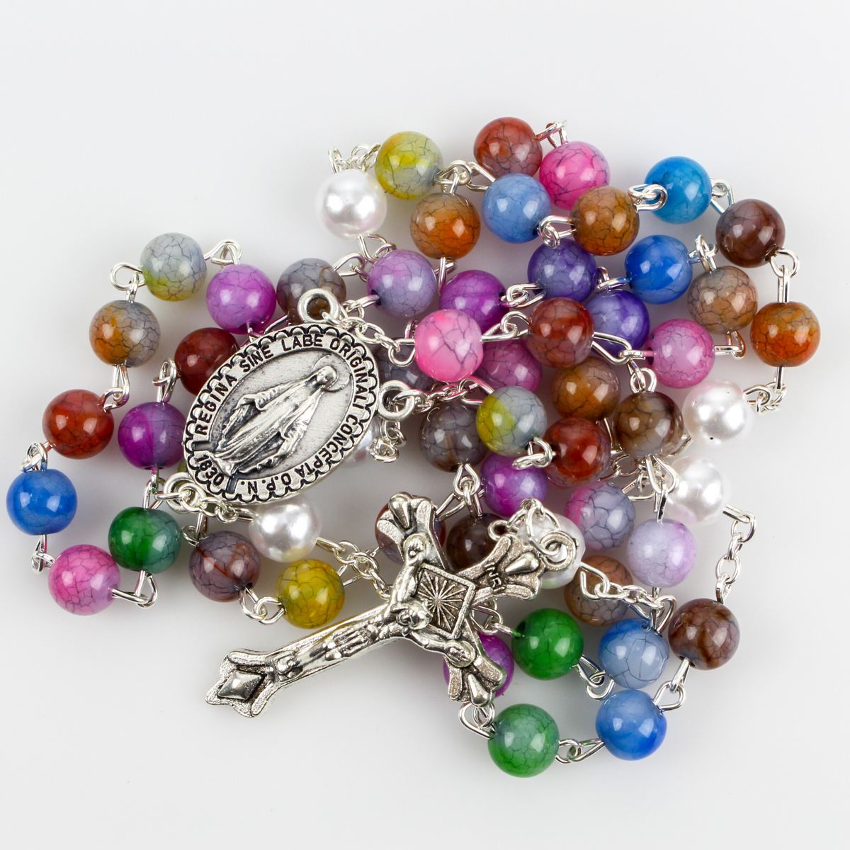 Five Decade Rosary with Multi-color Acrylic Beads and Miraculous Medal Centerpiece 21.5" Long"
