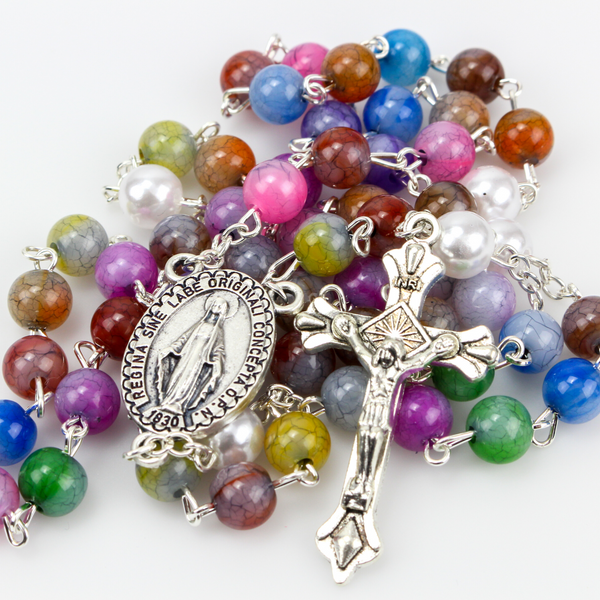 Five Decade Rosary with Multi-color Acrylic Beads and Miraculous Medal Centerpiece 21.5" Long"