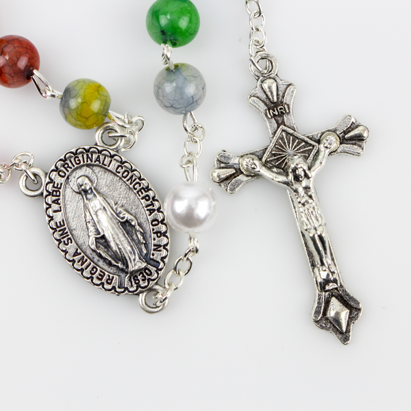 Five Decade Rosary with Multi-color Acrylic Beads and Miraculous Medal Centerpiece 21.5" Long"