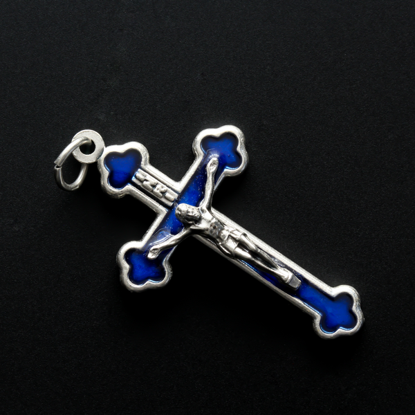 Orthodox Byzantine die-cast metal crucifix with a vibrant blue enamel inlay