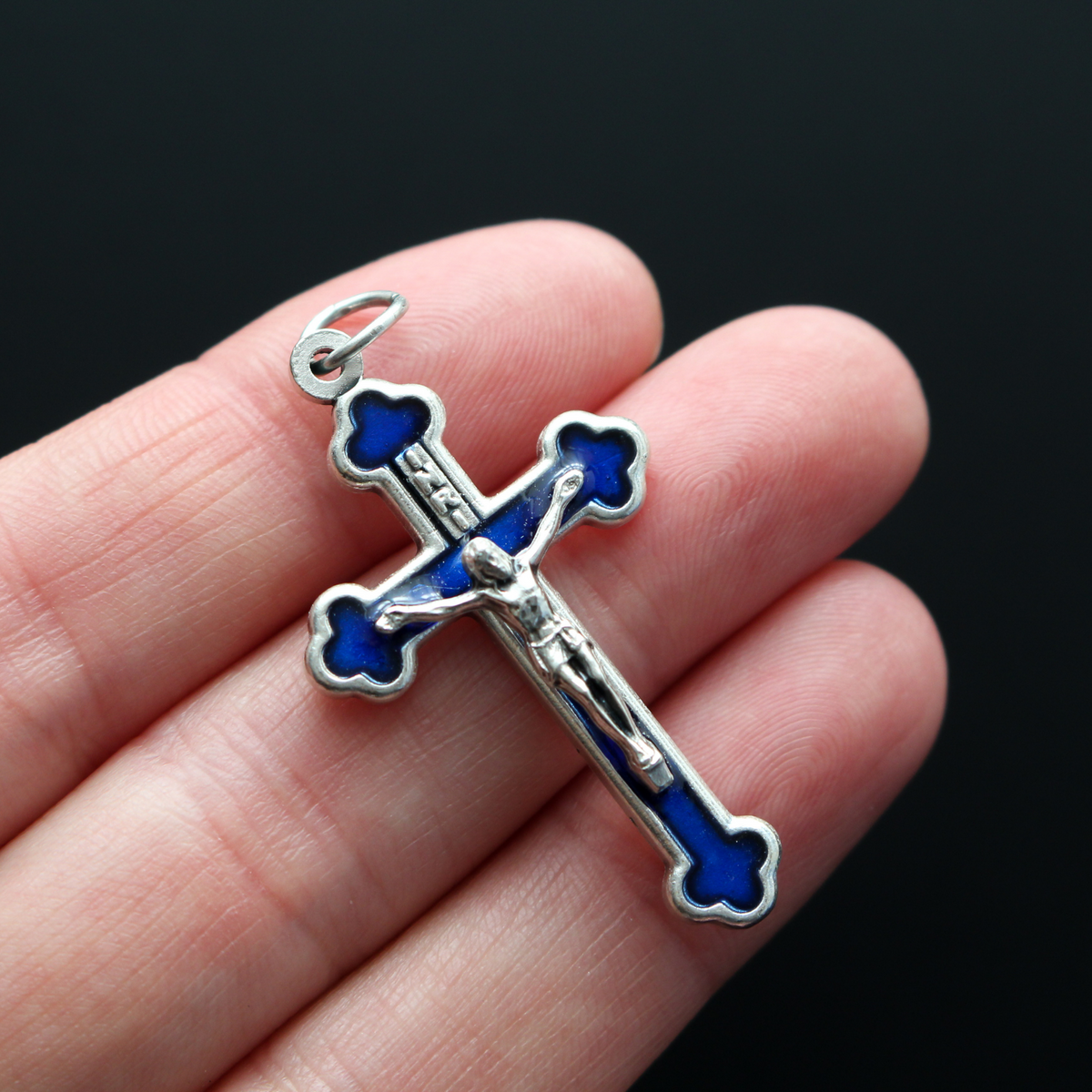 Orthodox Byzantine Crucifix Cross with Blue Enamel Inlay 1-5/8" Long