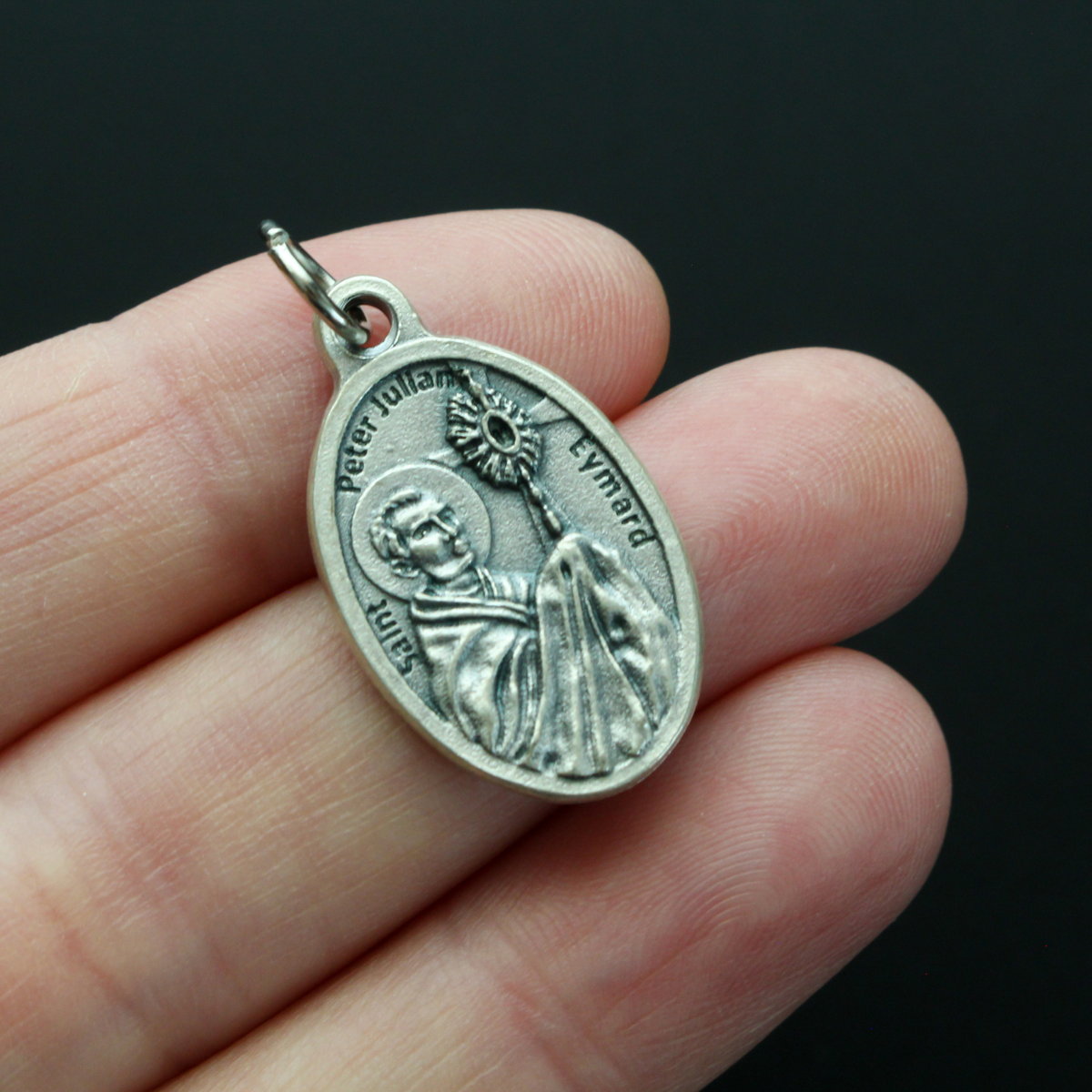 Saint Peter Julian Eymard medal that depicts the saint on the front and Our Lady of the Most Blessed Sacrament on the back