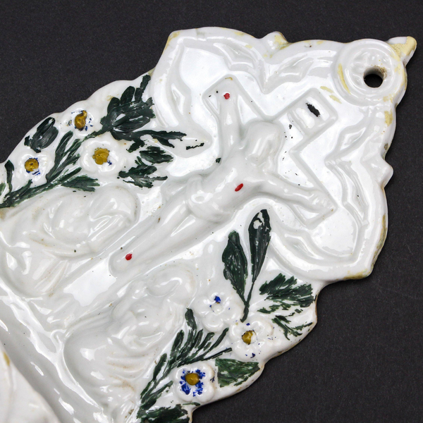 Antique German Porcelain Crucifix Holy Water Font Virgin Mary and Mary Magdalene