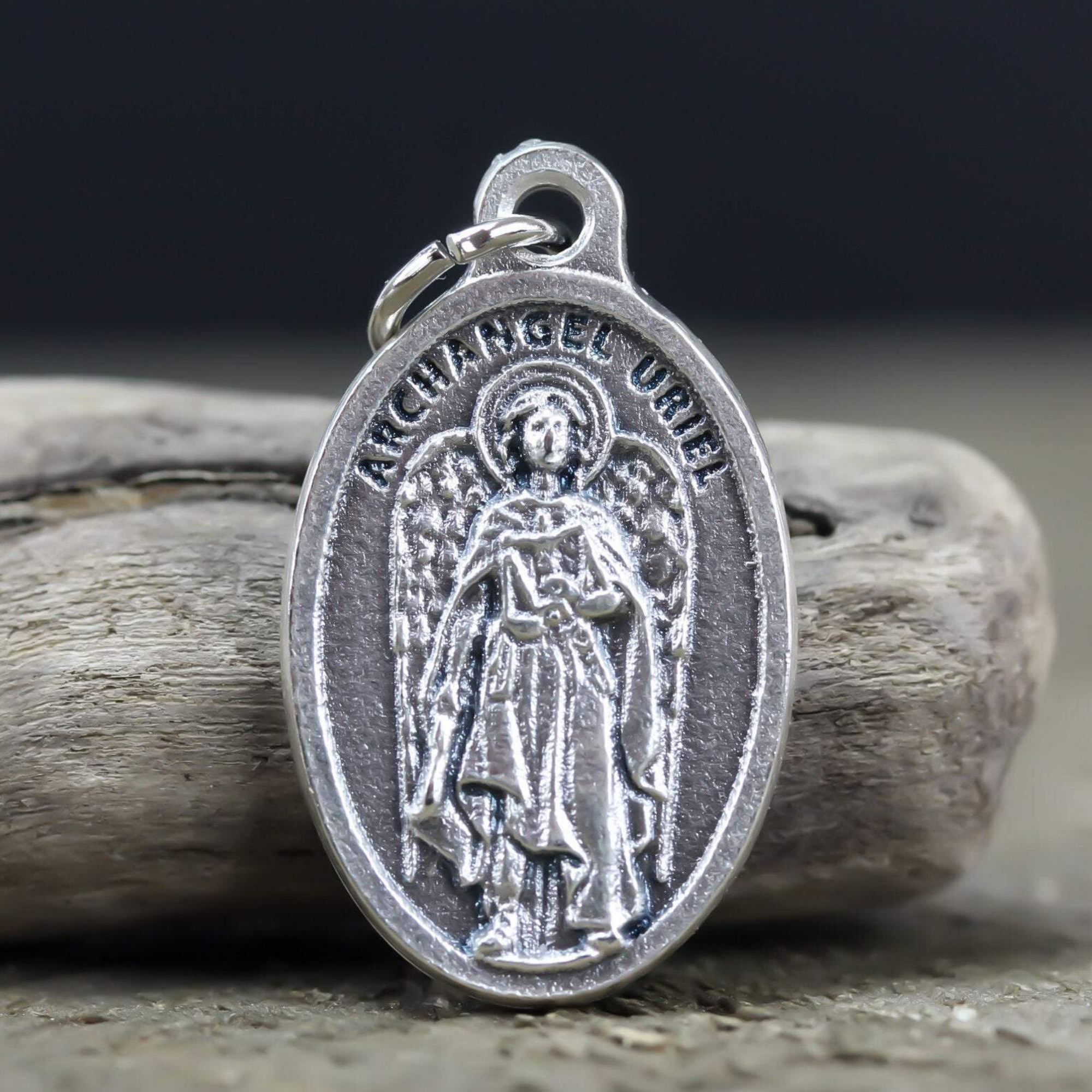 saint uriel archangel die-cast silver oval medal