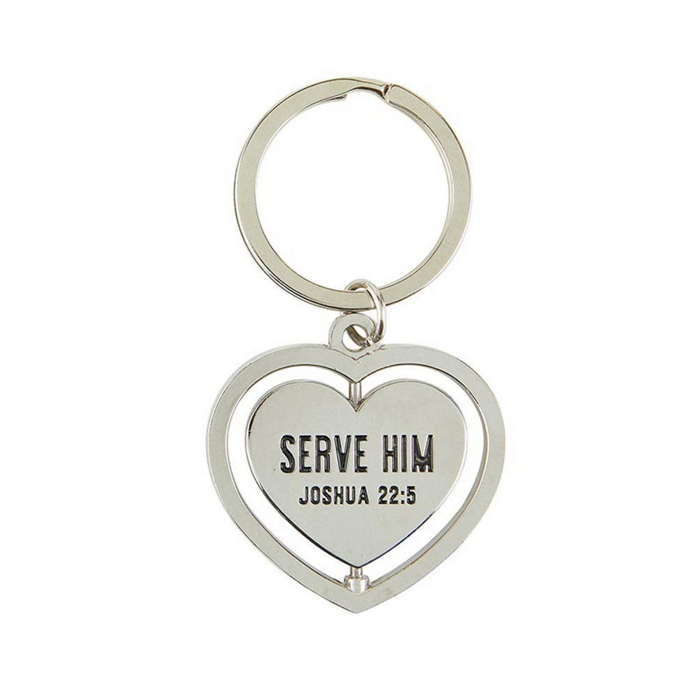 Serve with a heart like Jesus spinner key ring. The heart spins in a circle and both sides of the heart are engraved with "Serve Him Joshua 22:5".