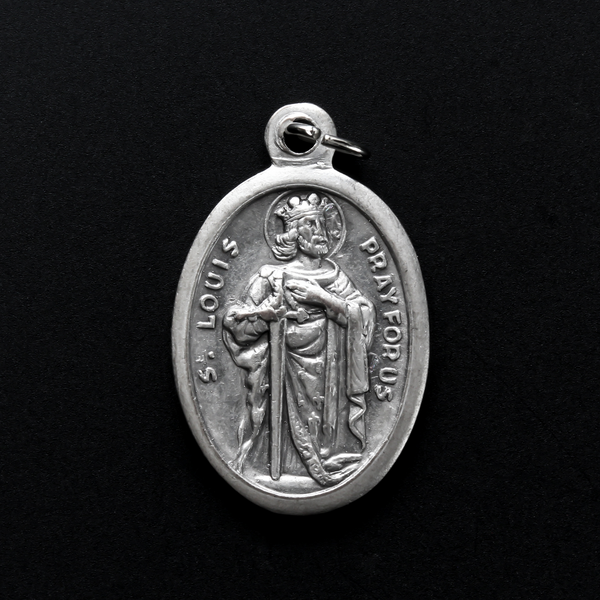 Saint Louis IX of France medal that depicts the saint on the front and is marked "Pray For Us" on the back.