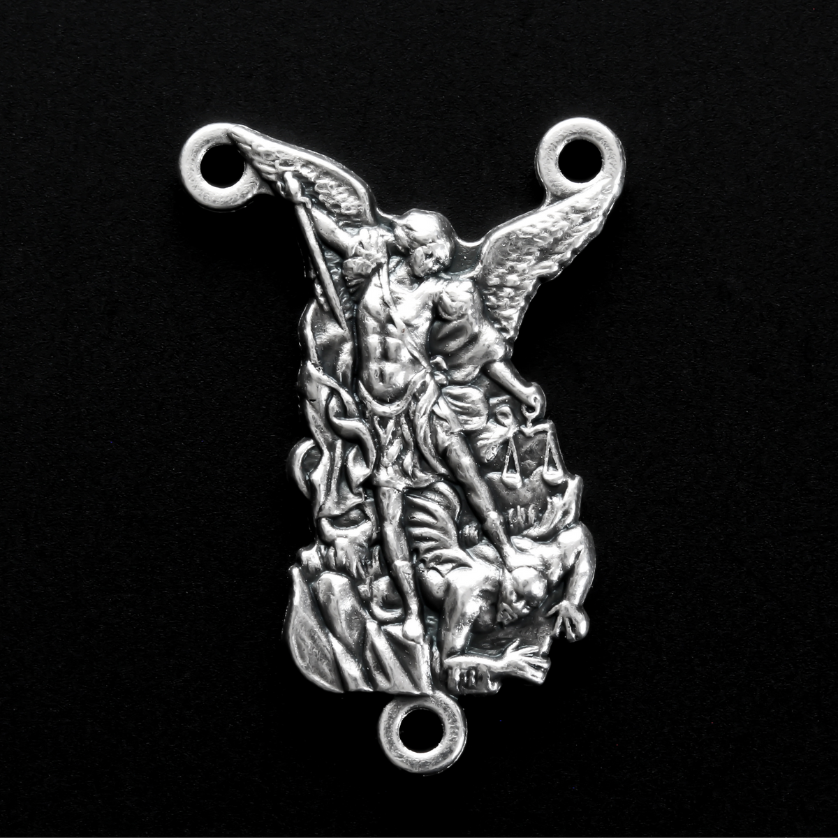 detailed die-cast St. Michael "Pray For Us' rosary centerpiece, 1-1/8" long