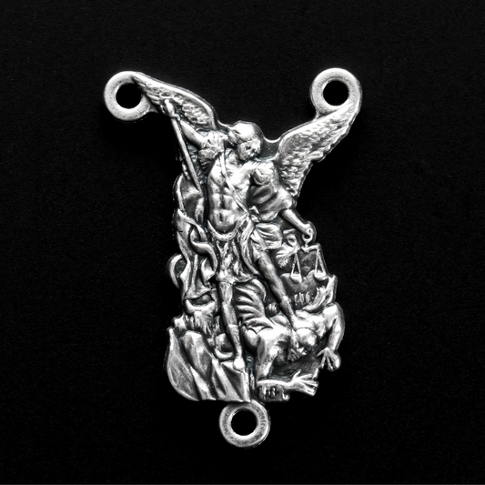 detailed die-cast St. Michael "Pray For Us' rosary centerpiece, 1-1/8" long