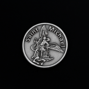 Archangel Michael pocket token. The front depicts St. Michael, the warrior angel of protection and the reverse is marked "O St Michael give us your strength to defeat our fears and to rise up to any challenge".