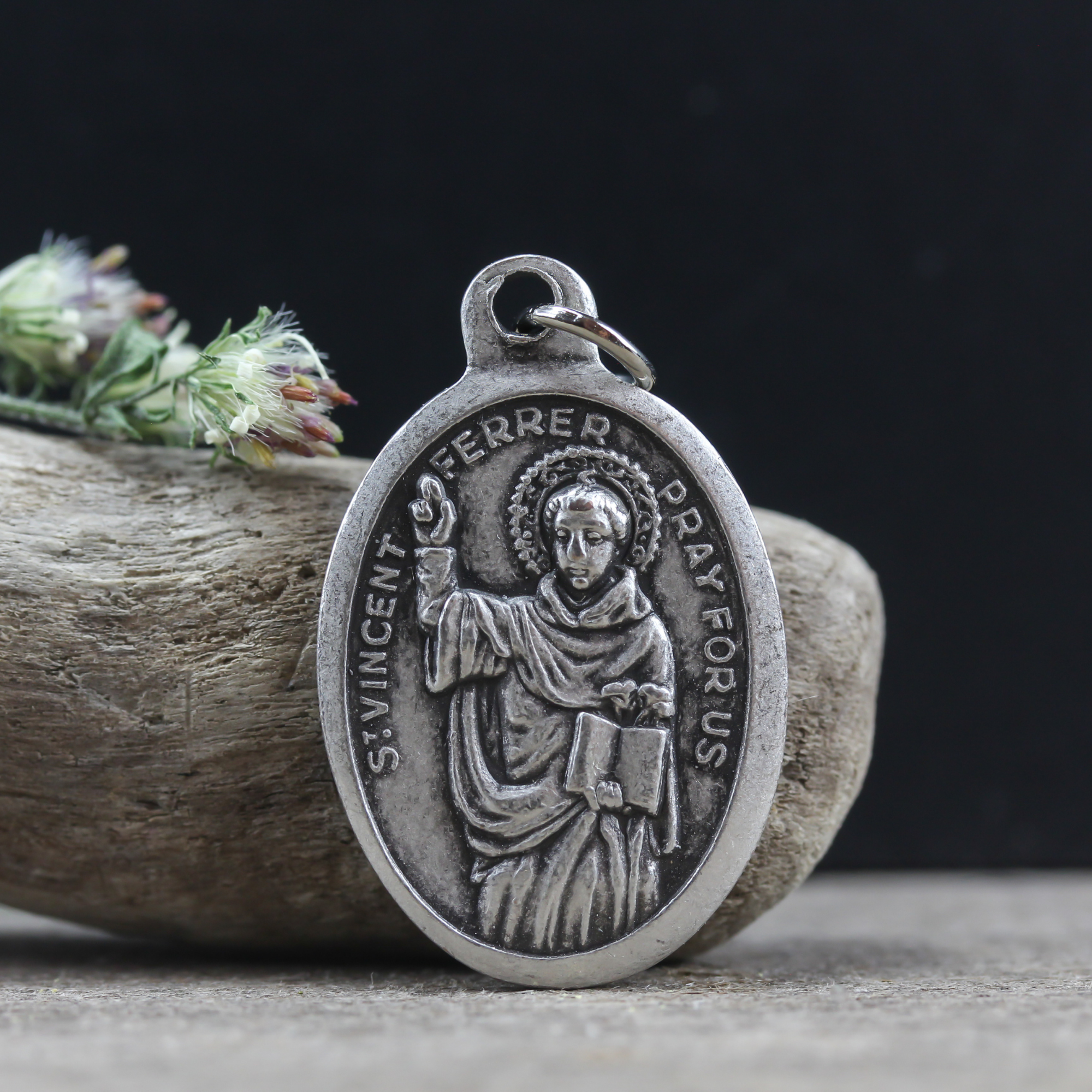 St. Vincent ferer silver oxidized one inch oval religious medal