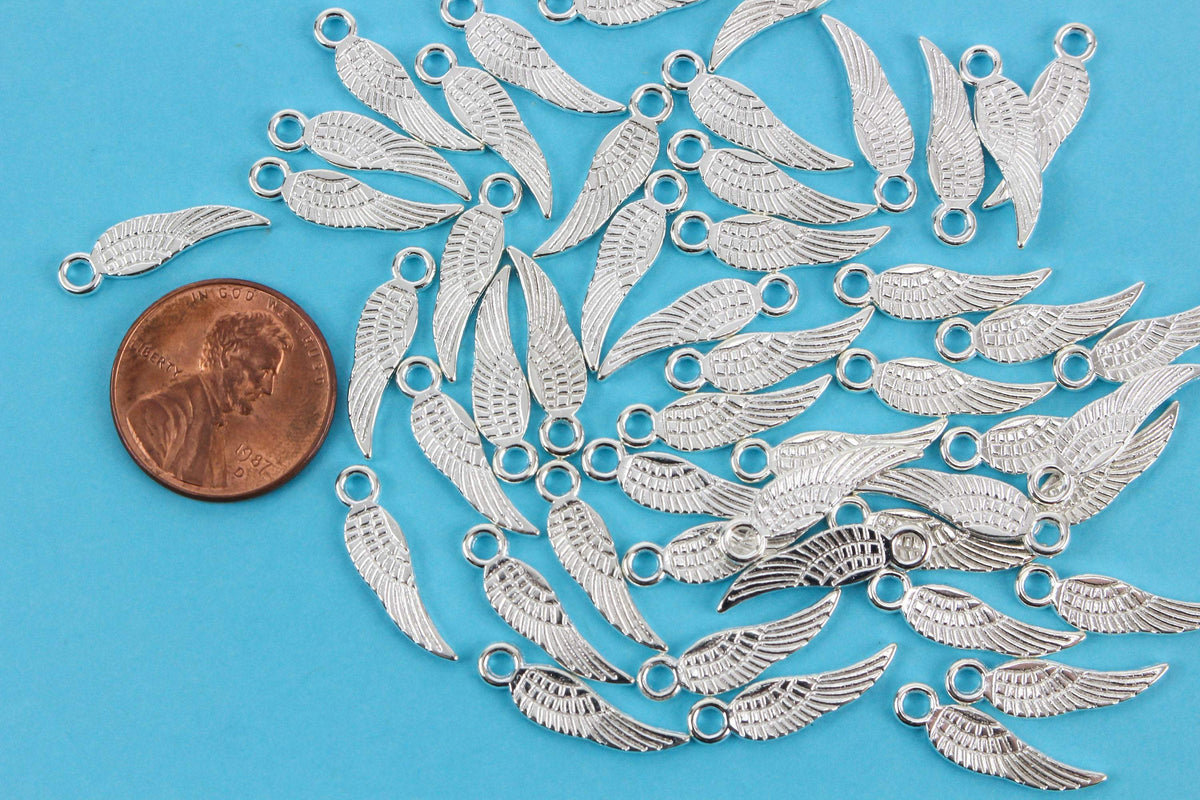 Guardian Angel Wing Charms - Platinum Silver Color, 17mm long - 30pcs