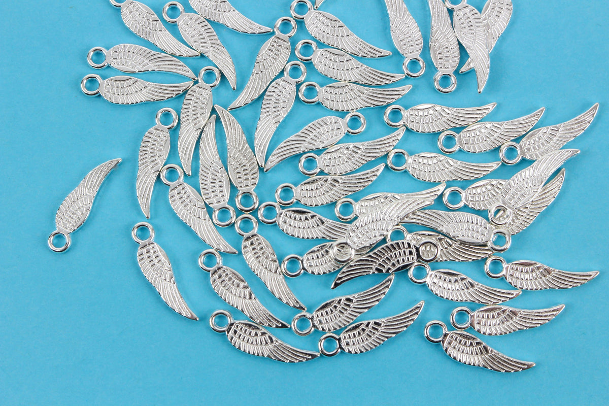 Guardian Angel Wing Charms - Platinum Silver Color, 17mm long - 30pcs